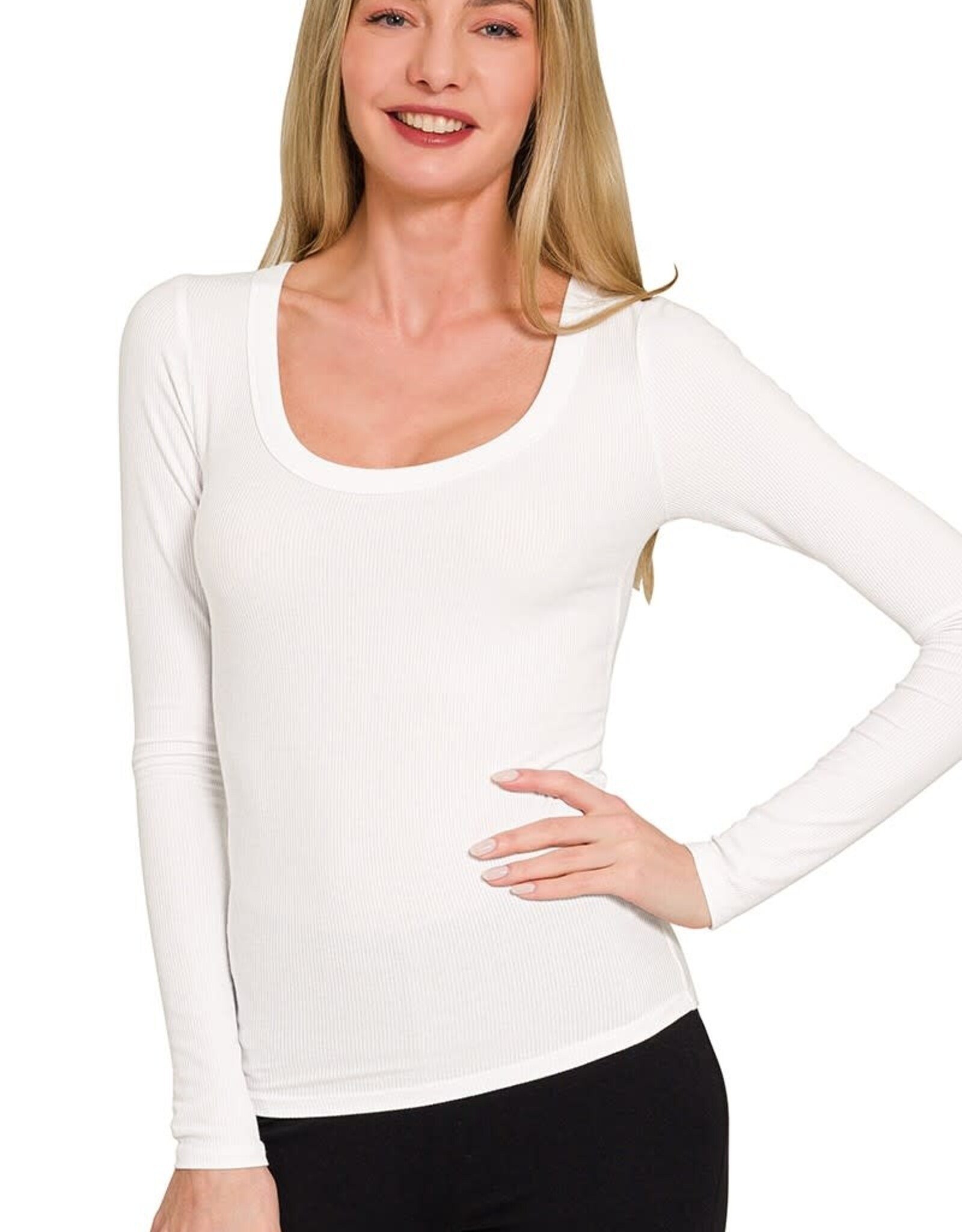 Miss Bliss Zen Ribbed Boat Neck Long Sleeve T- White