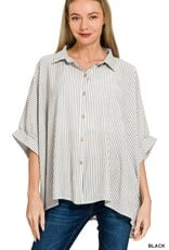 Miss Bliss Zen Woven Stripe Button Down Boxy Top-Black&W