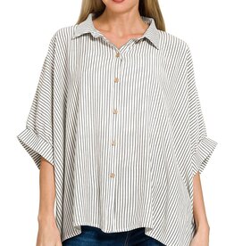 Miss Bliss Woven Stripe Button Down Boxy Top-B&W