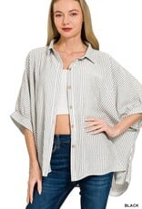 Miss Bliss Zen Woven Stripe Button Down Boxy Top-Black&W