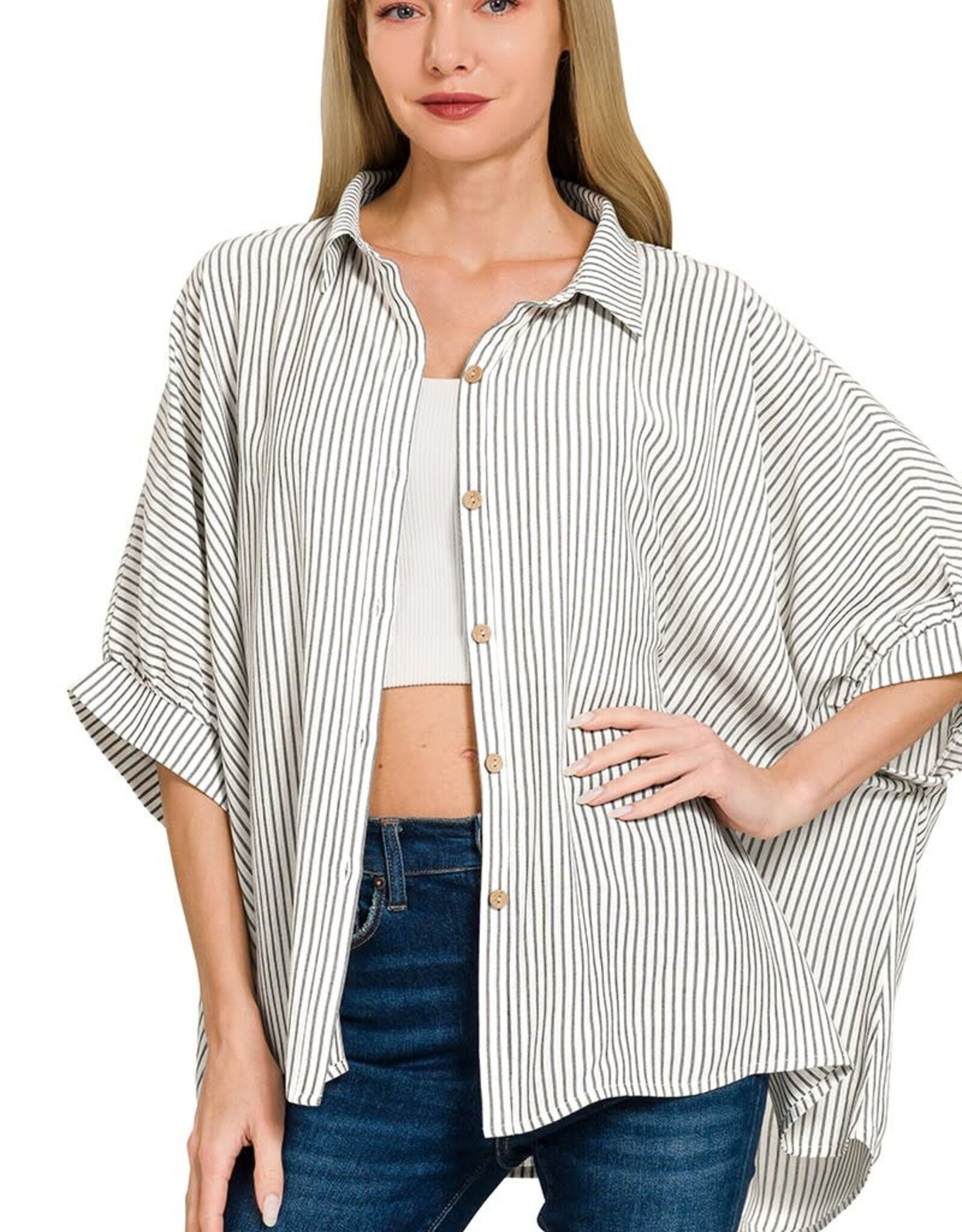 Miss Bliss Zen Woven Stripe Button Down Boxy Top-Black&W