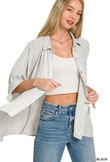Miss Bliss Zen Woven Stripe Button Down Boxy Top-Black&W