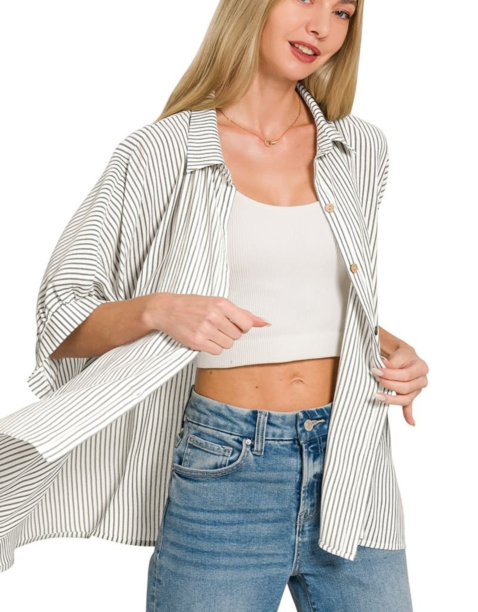 Miss Bliss Zen Woven Stripe Button Down Boxy Top-Black&W