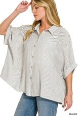 Miss Bliss Zen Woven Stripe Button Down Boxy Top-Black&W
