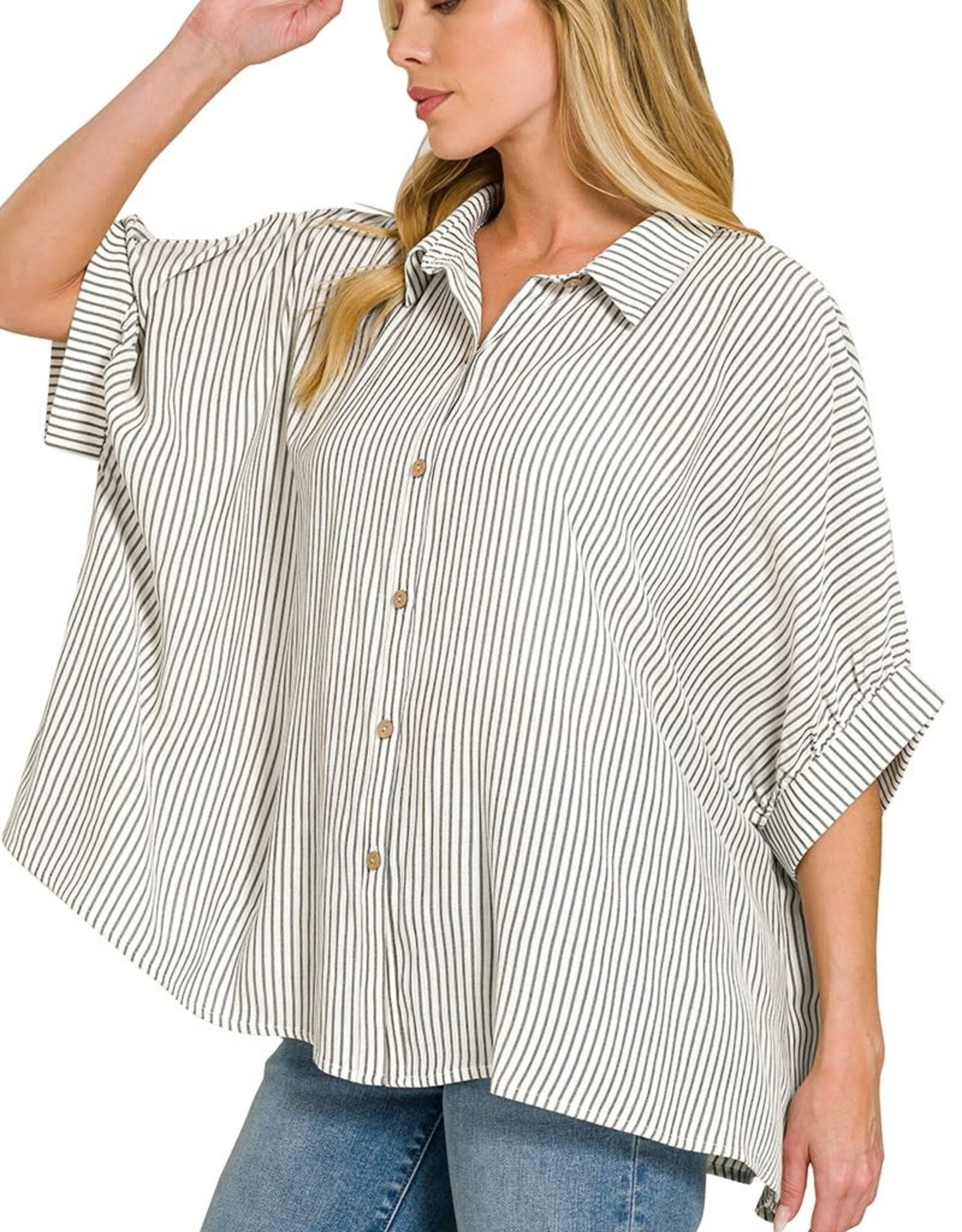 Miss Bliss Zen Woven Stripe Button Down Boxy Top-Black&W