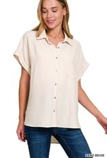 Miss Bliss Zen Woven Airflow Button Down Shirts-Sand Beige