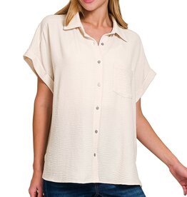 Miss Bliss Woven Airflow Button Down Shirts-Sand Beige