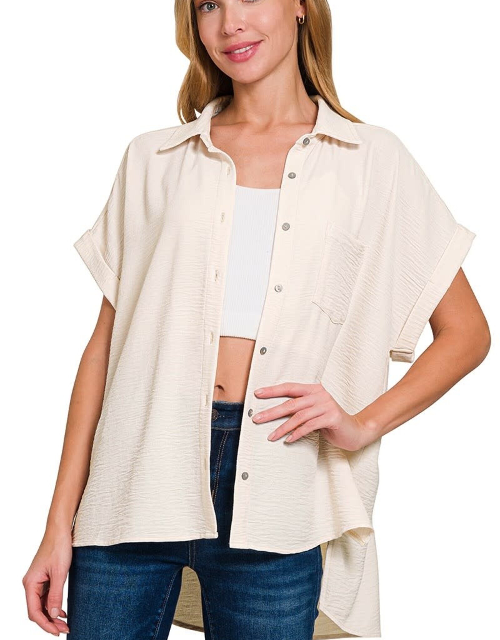 Miss Bliss Zen Woven Airflow Button Down Shirts-Sand Beige