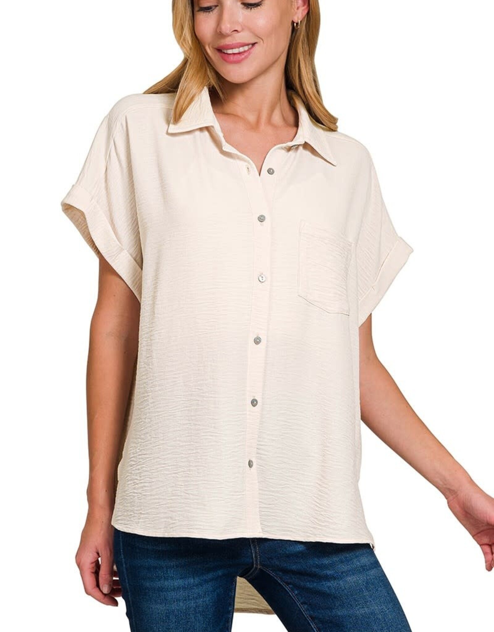 Miss Bliss Zen Woven Airflow Button Down Shirts-Sand Beige