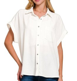 Miss Bliss Woven Airflow Button Down Shirts-White