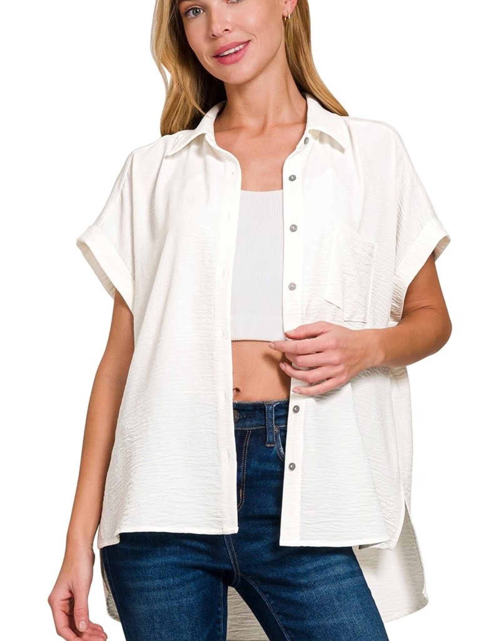 Miss Bliss Zen Woven Airflow Button Down Shirts-White