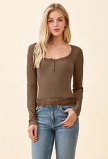 Miss Bliss H&H Button Henley W Lace Neck/Bottom Hem- Brown