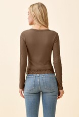 Miss Bliss H&H Button Henley W Lace Neck/Bottom Hem- Brown