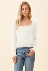 Miss Bliss H&H Button Henley W Lace Neck/Bottom Hem-Ecru c