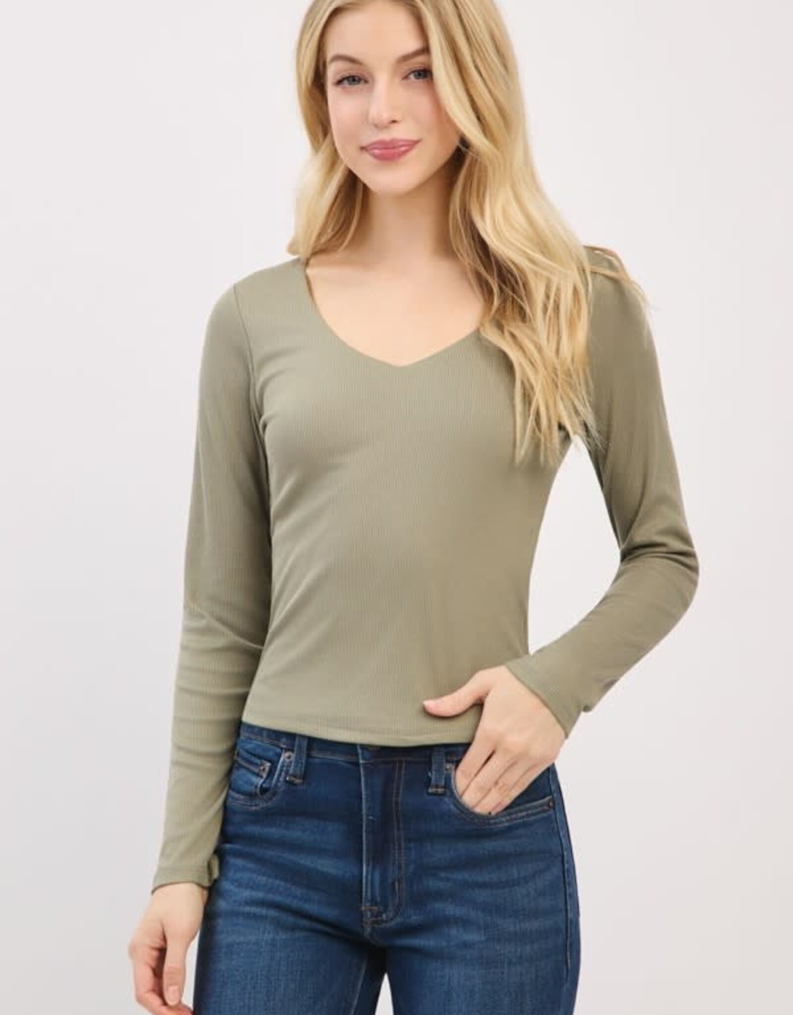 Miss Bliss H&H Front Double Layered V-nk LS Top-Olive