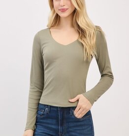 Miss Bliss Front Double Layered V-Neck LS Top-Olive
