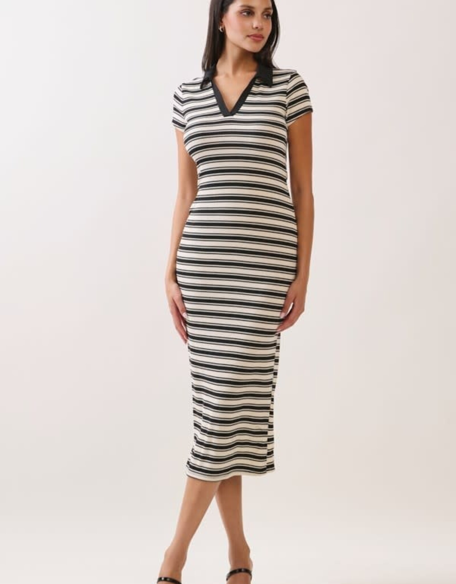 Miss Bliss H&H Striped Johnny CLr Midi SS Dress-B&W