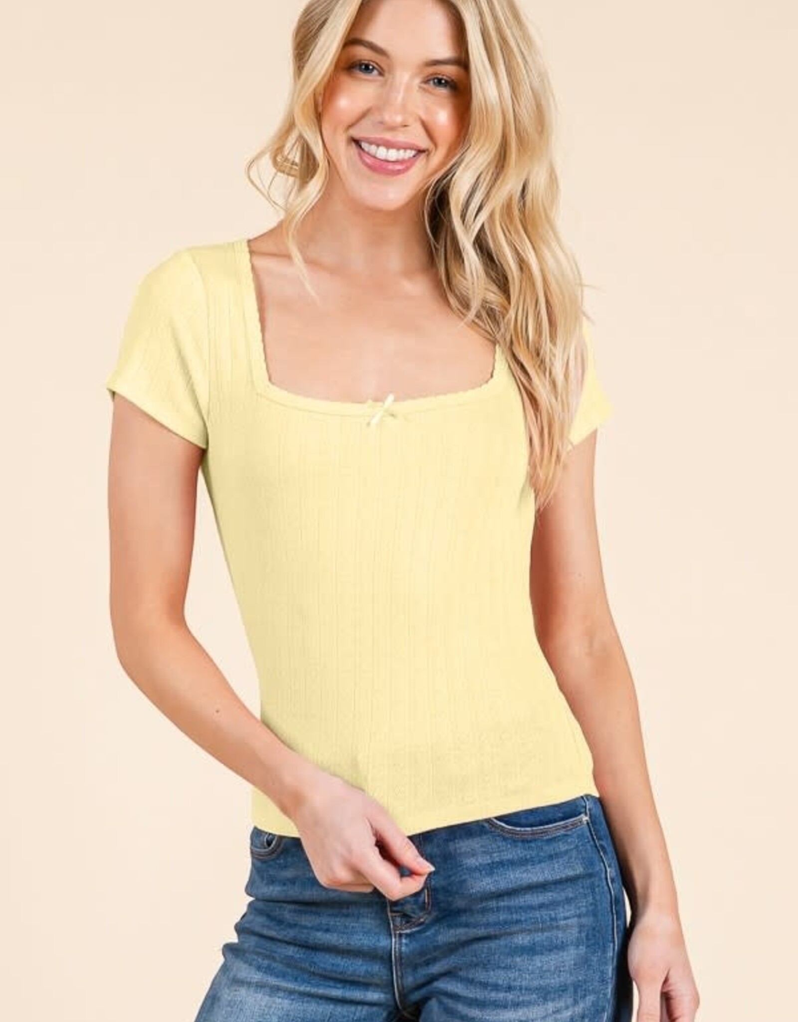 Miss Bliss H&H Square Neck Pointelle Bow Tie Top-Yellow