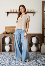 Miss Bliss Blu Split Neck Raw Edge Ss Sheer Knit Top-Natural