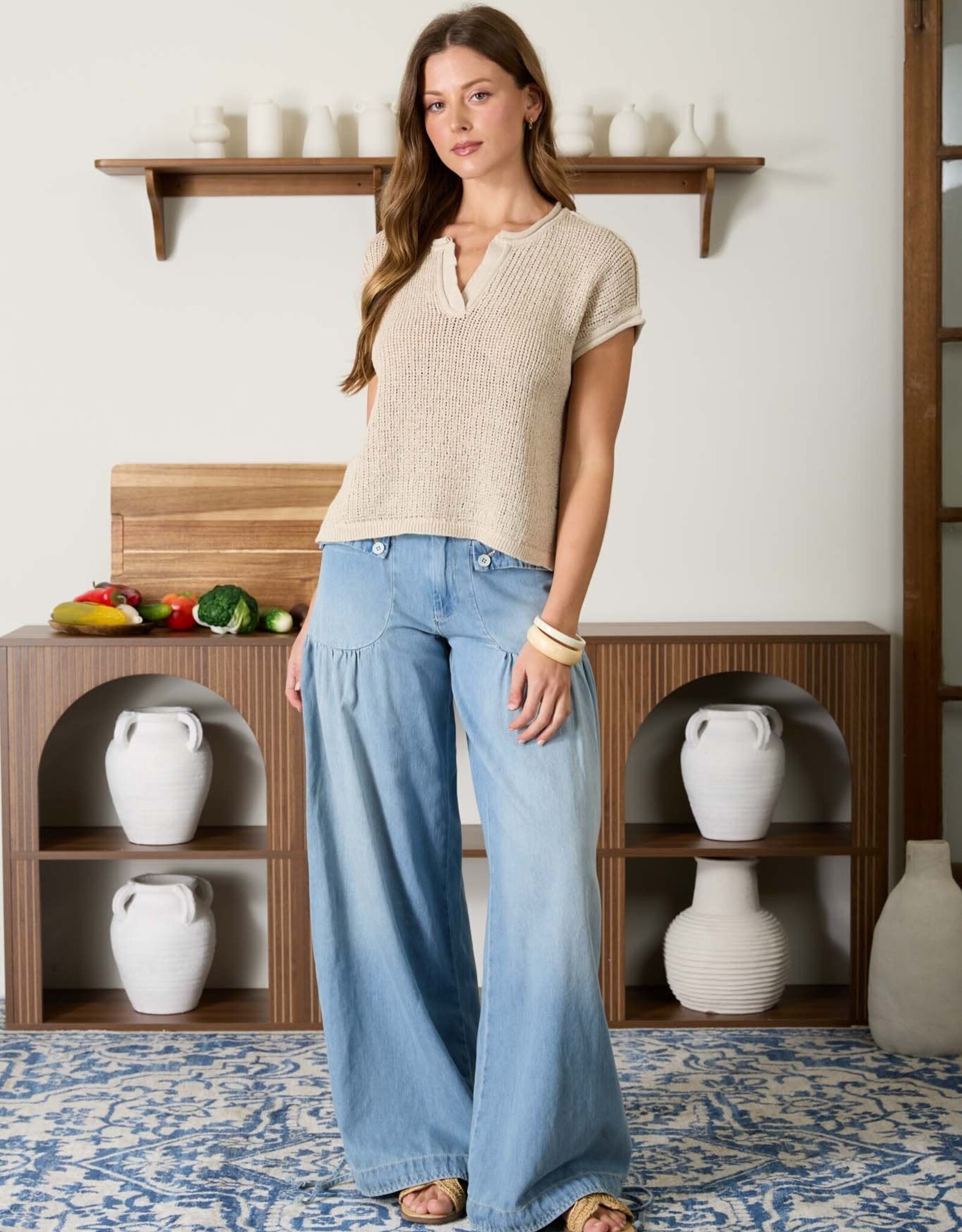 Miss Bliss Blu Split Neck Raw Edge Ss Sheer Knit Top-Natural