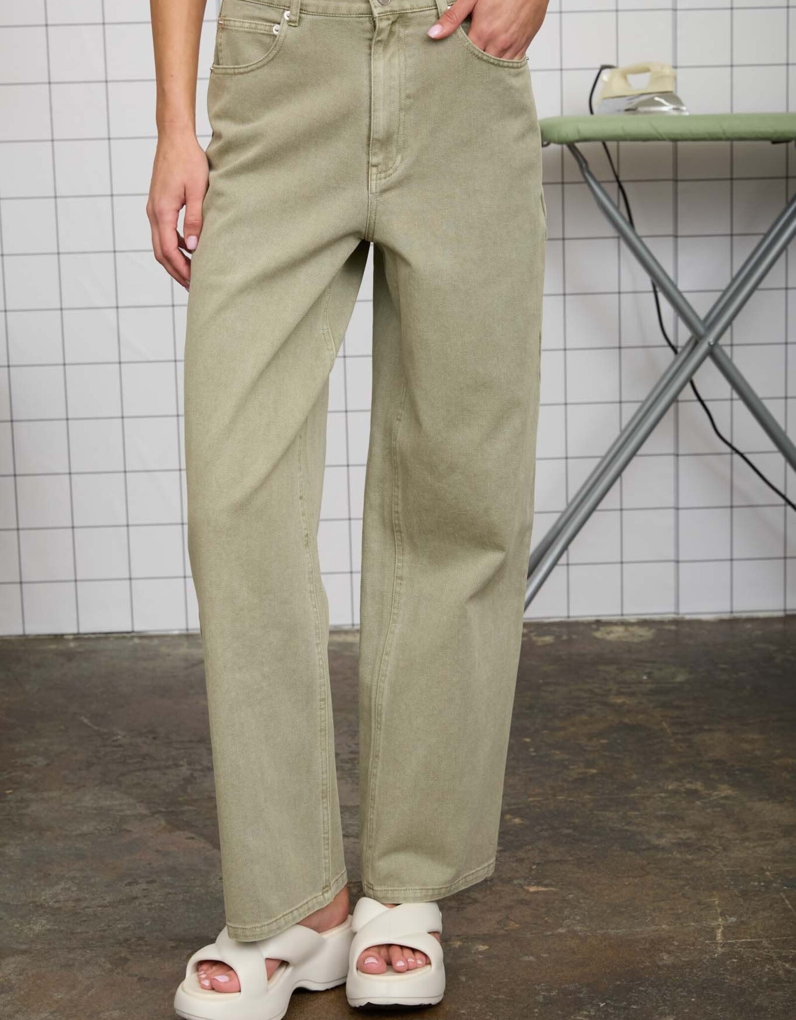 Miss Bliss J.O.A. Washed Light Wide Leg Jeans-Olive