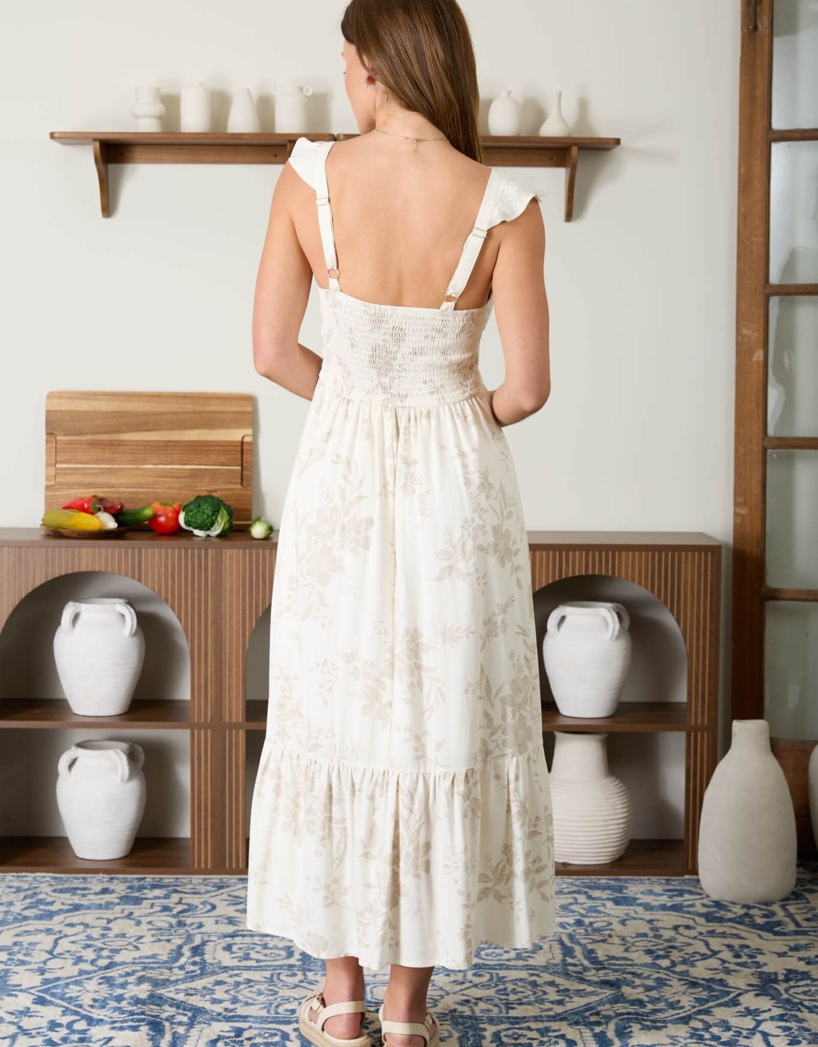 Miss Bliss Blu Floral Ruffle Dtl Corset Midi Dress-Natural