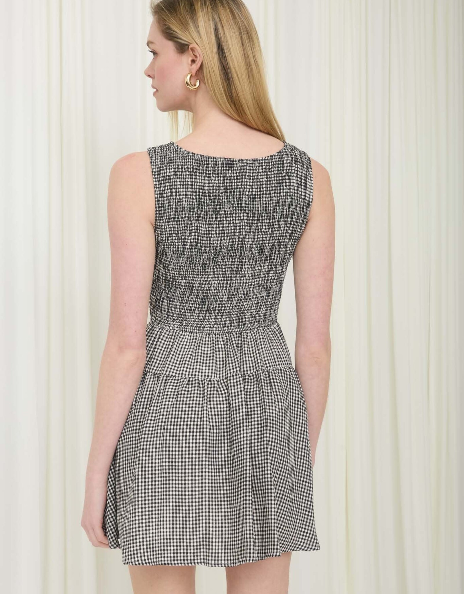 Miss Bliss Blu Gingham Sleeveless Smocked Mini Dress-Black