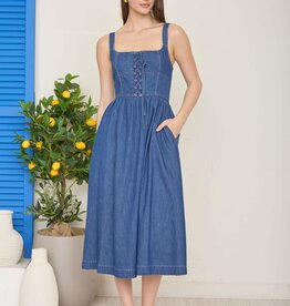 Miss Bliss Front Lace-Up Midi Dress-Denim