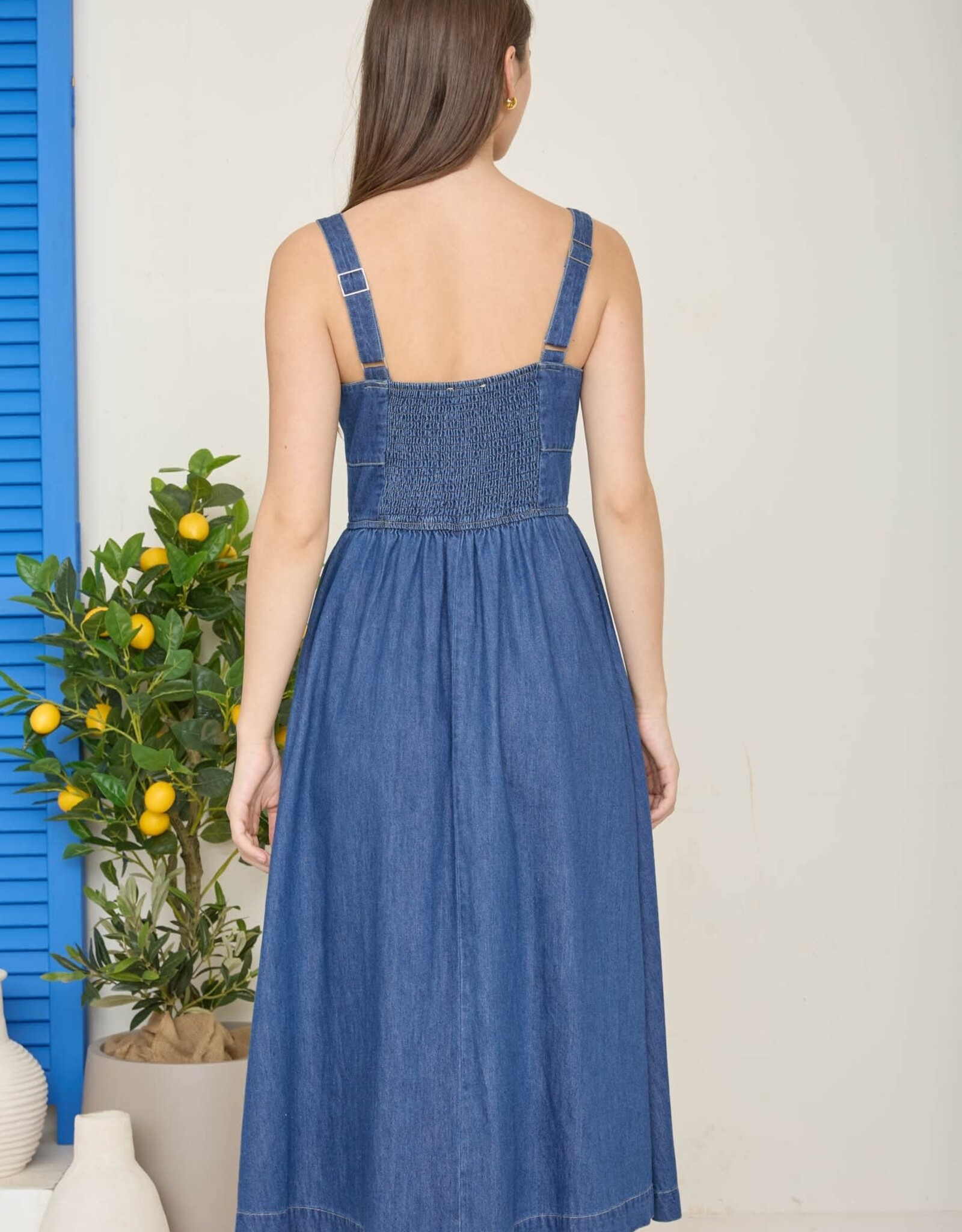 Miss Bliss Blu Front Lace-up Slvls Midi Dress-Denim