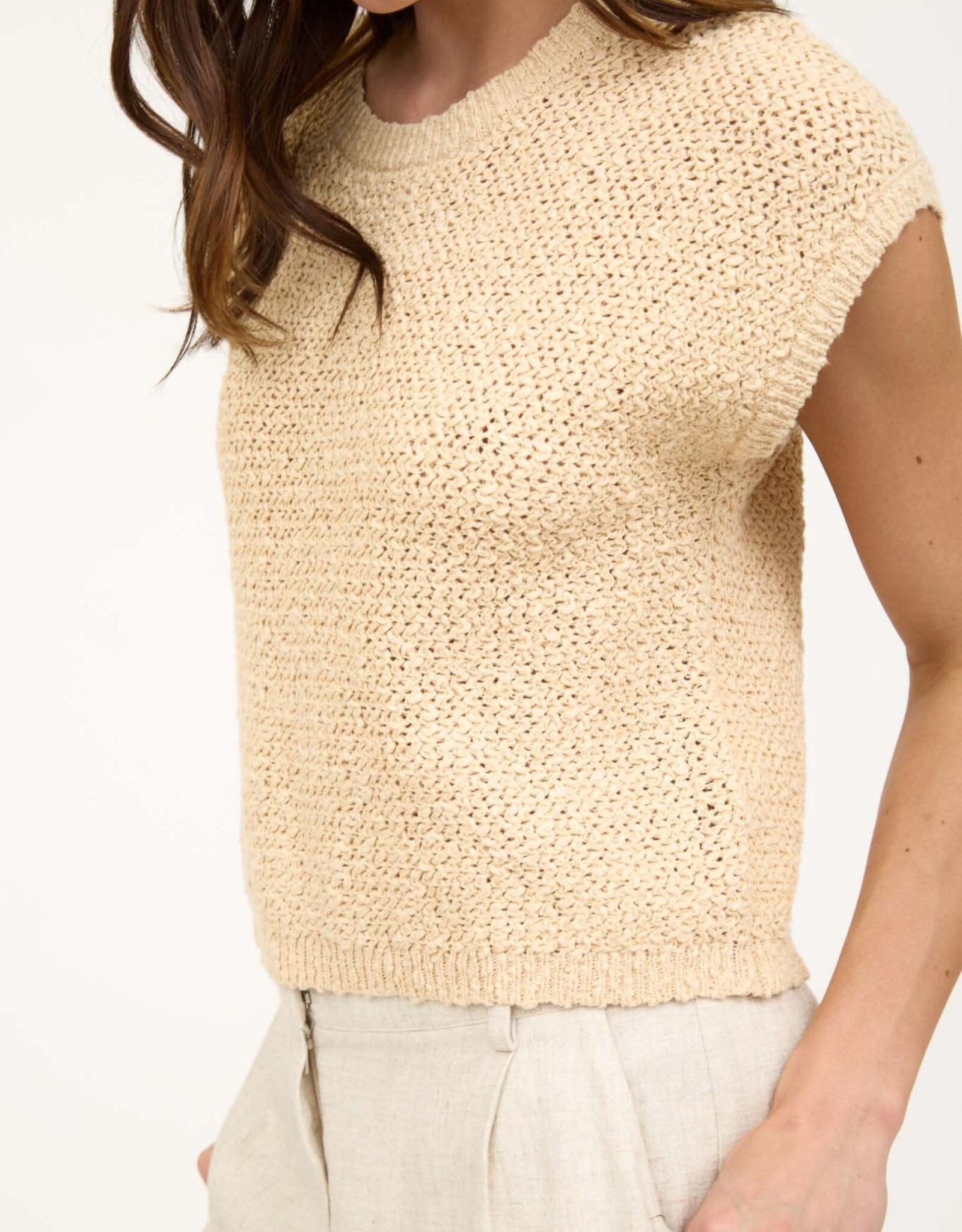 Miss Bliss Blu Textrd Knit Crew Neck Ss Pullover-Khaki