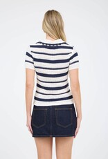 Miss Bliss Blu Stripe Collared Scallop Trim Crochet Knit Top-Navy White