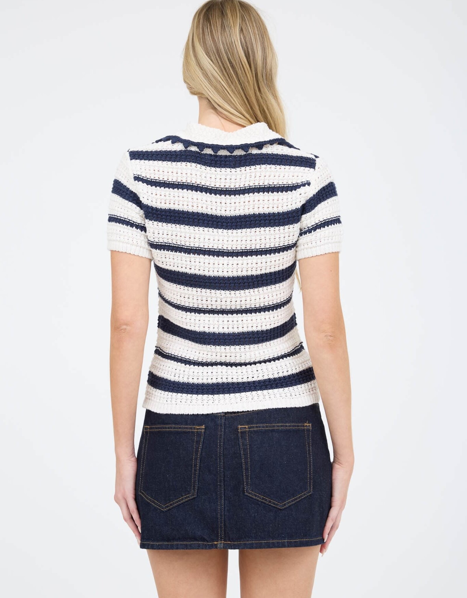 Miss Bliss Blu Stripe Collared Scallop Trim Crochet Knit Top-Navy White