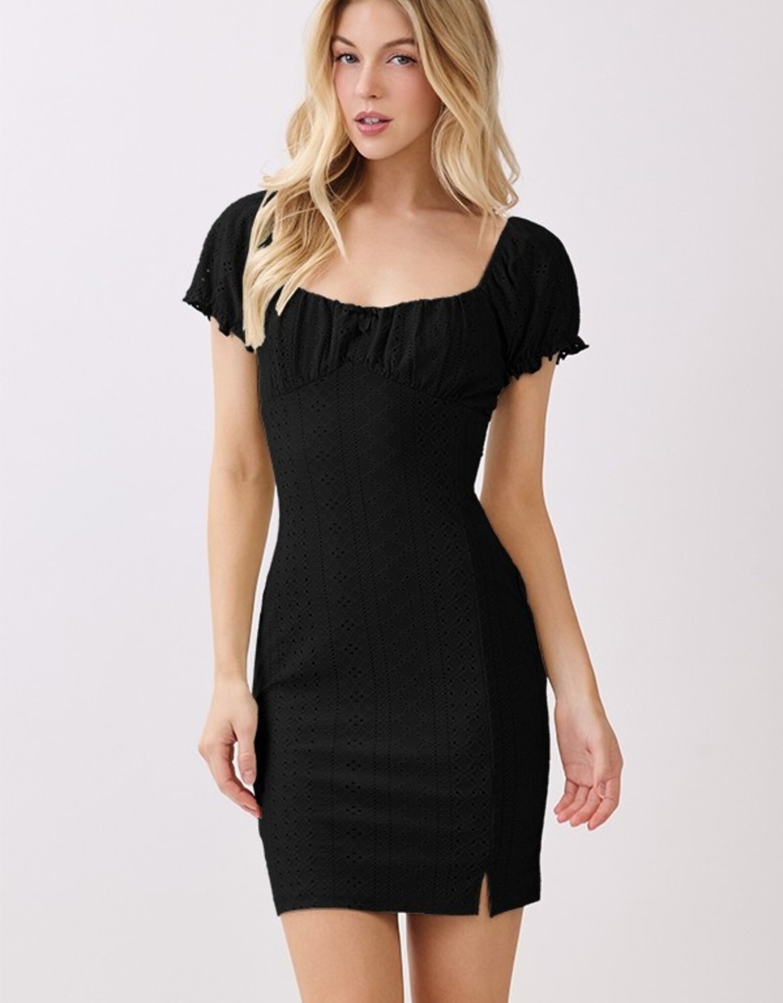 Miss Bliss H&H Ruching Peasant Puff Slv Mini Dress-Black