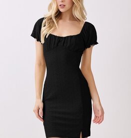 Miss Bliss Ruching Peasant Mini Dress-Black