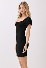 Miss Bliss H&H Ruching Peasant Puff Slv Mini Dress-Black
