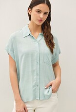 Miss Bliss BC Solid Short Sleeve Button Down Shirt- Seafoam