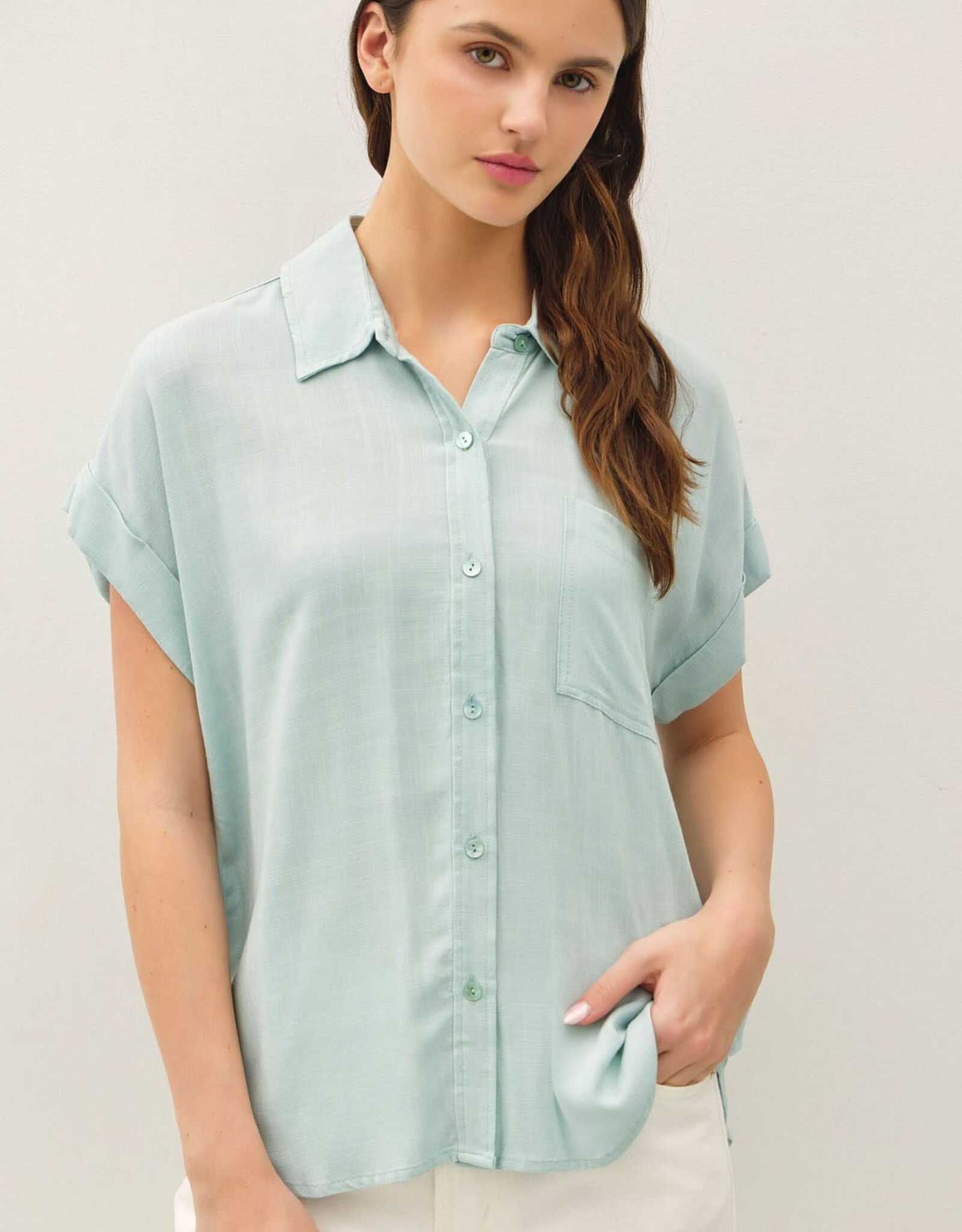 Miss Bliss BC Solid Short Sleeve Button Down Shirt- Seafoam