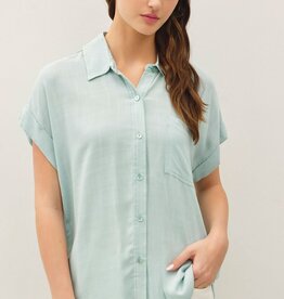 Miss Bliss Solid Button Down Shirt-Seafoam