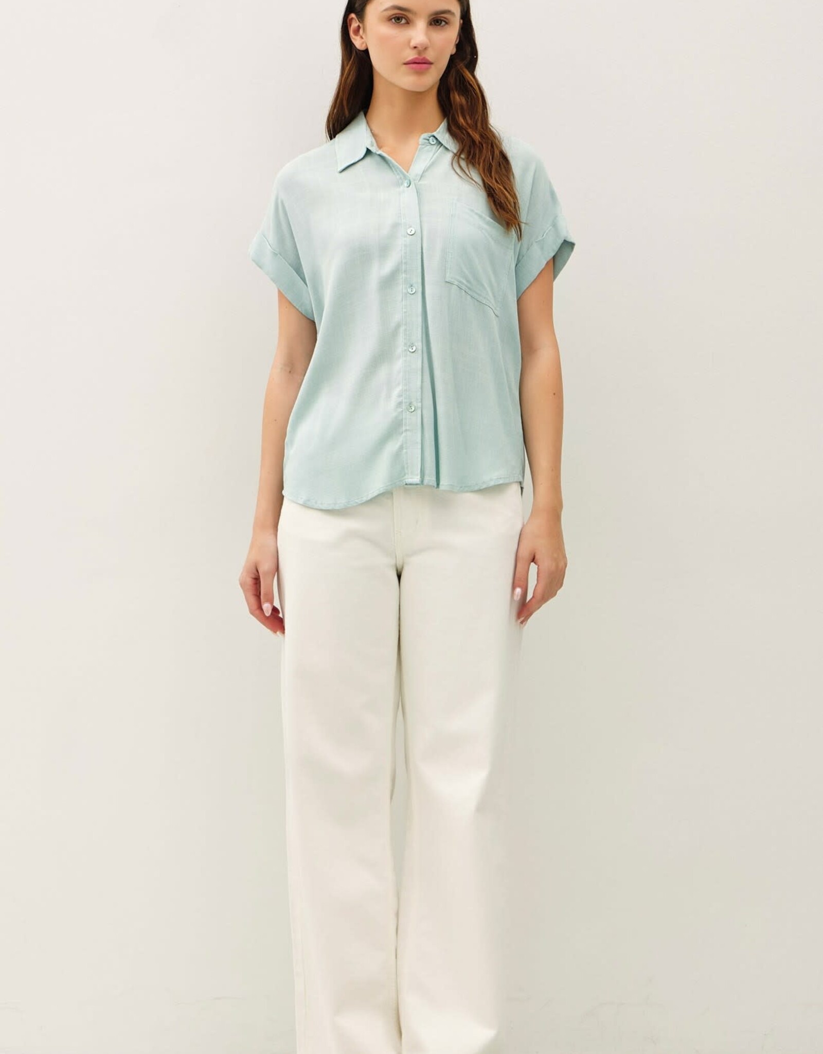 Miss Bliss BC Solid Short Sleeve Button Down Shirt- Seafoam
