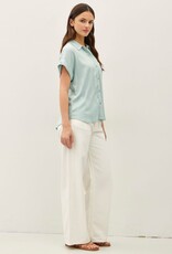 Miss Bliss BC Solid Short Sleeve Button Down Shirt- Seafoam