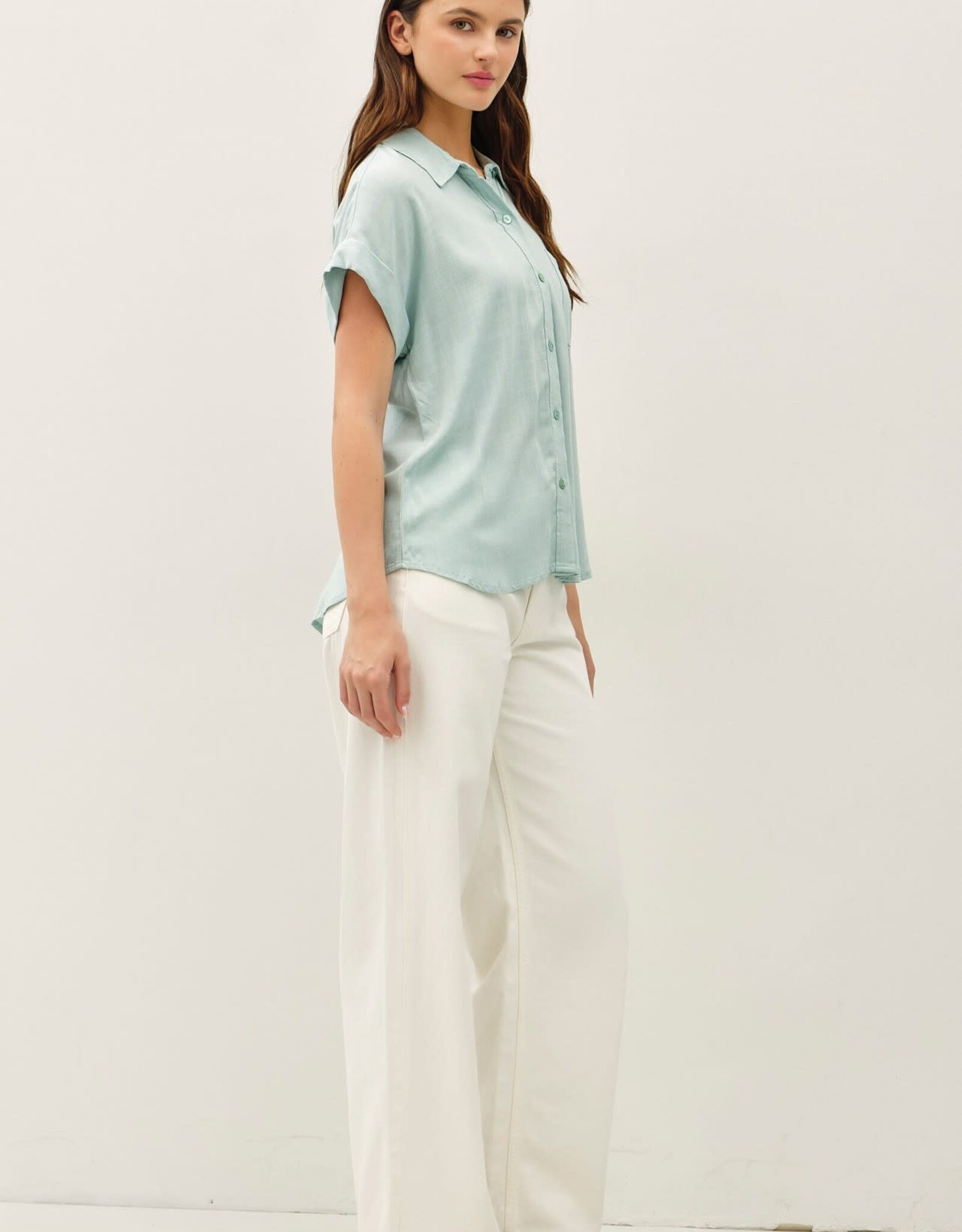 Miss Bliss BC Solid Short Sleeve Button Down Shirt- Seafoam