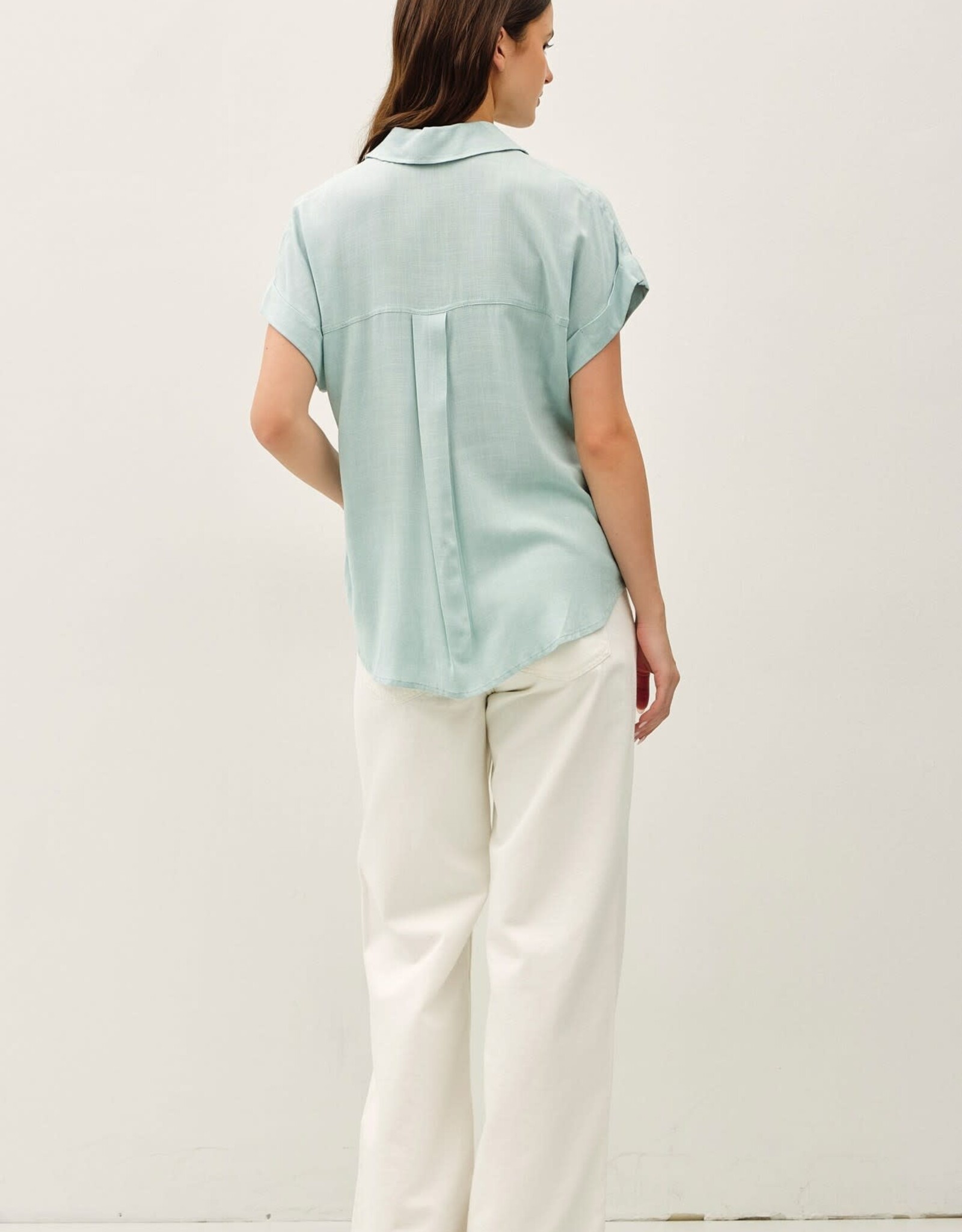 Miss Bliss BC Solid Short Sleeve Button Down Shirt- Seafoam