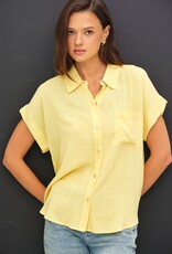 Miss Bliss BC Solid Short Sleeve Button Down Shirt- Yellow