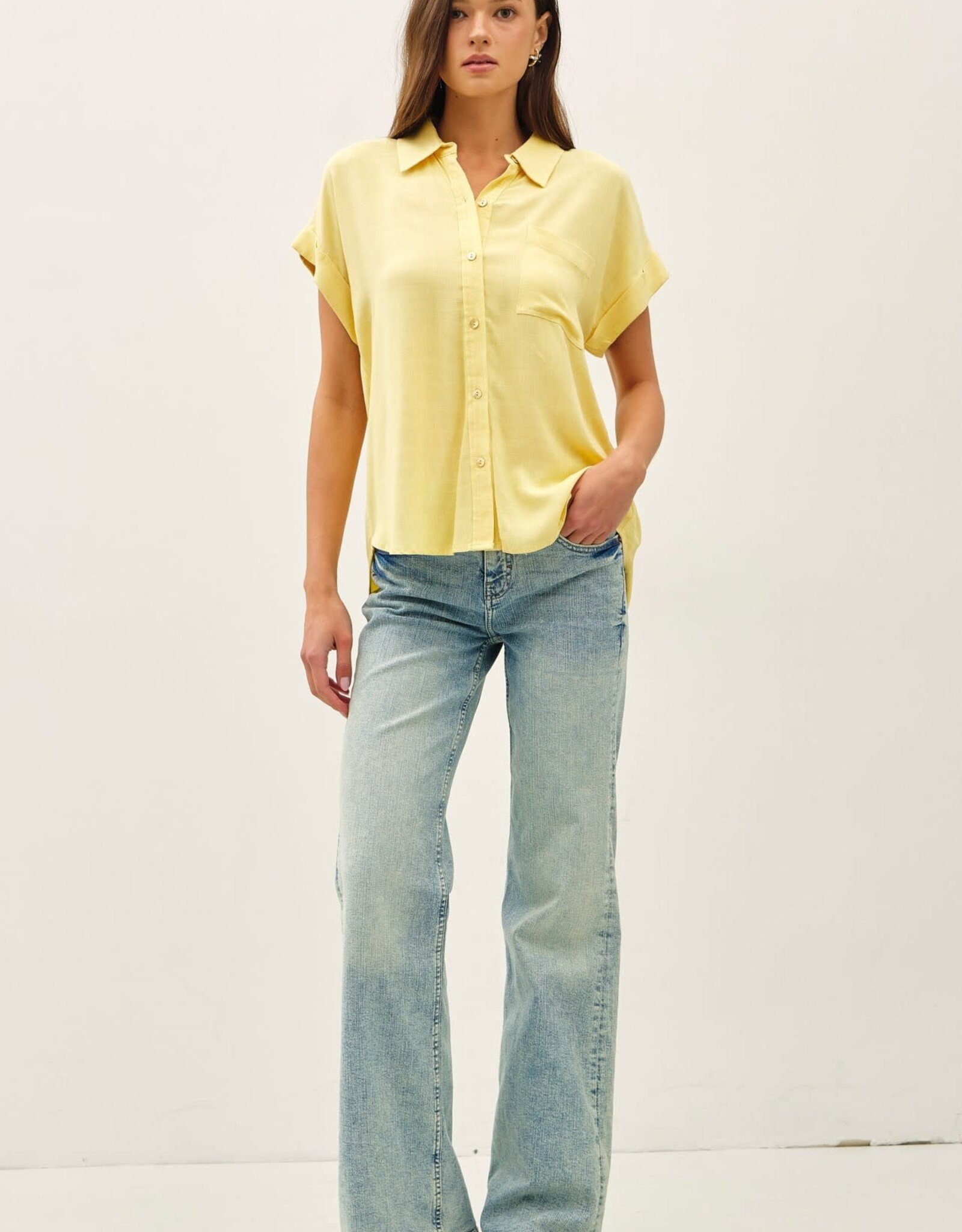 Miss Bliss BC Solid Short Sleeve Button Down Shirt- Yellow