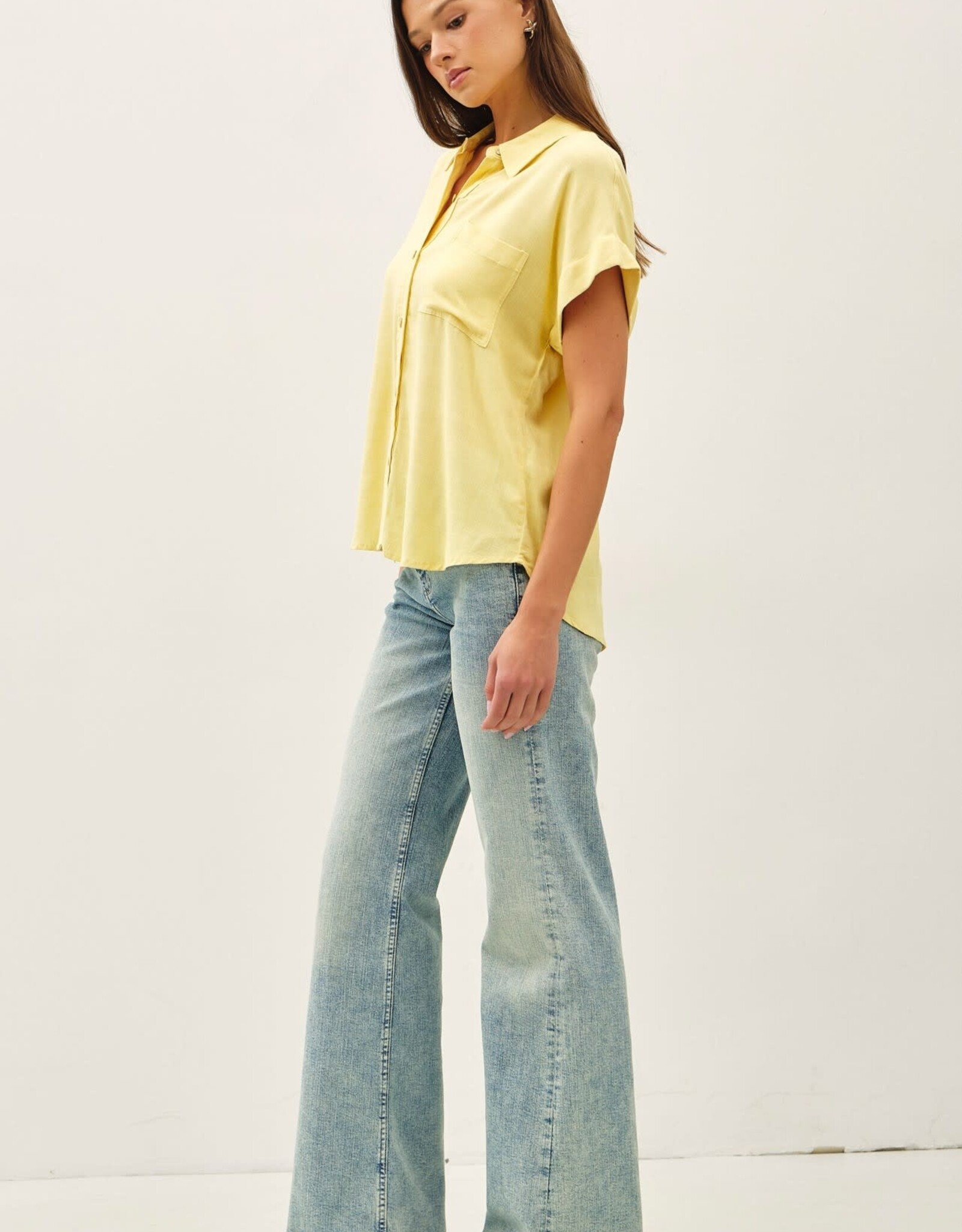 Miss Bliss BC Solid Short Sleeve Button Down Shirt- Yellow
