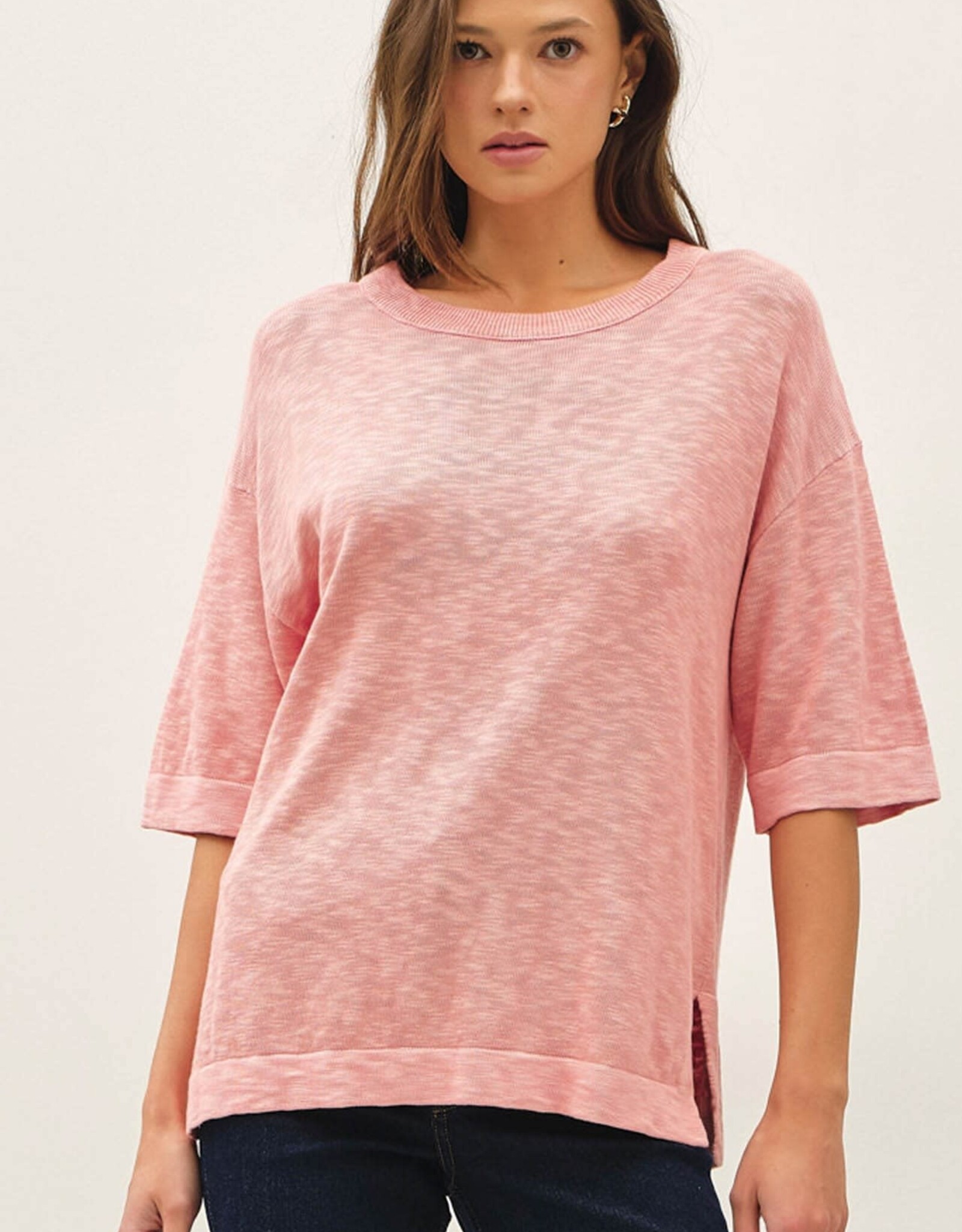 Miss Bliss BC Short Sleeve Cotton Slub Sweater Top- Rose