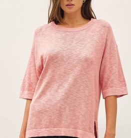 Miss Bliss Short Sleeve Cotton Slub Sweater Top- Rose