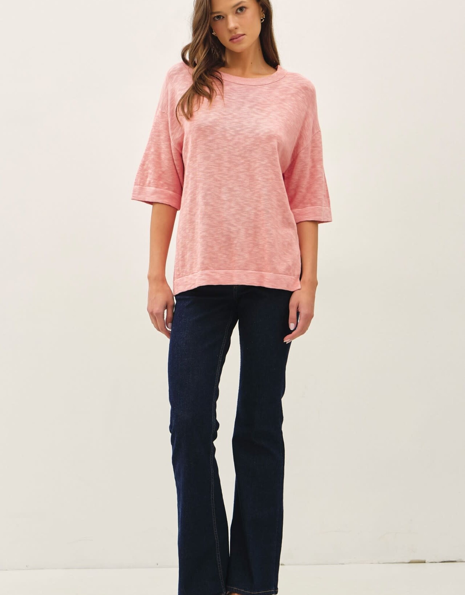 Miss Bliss BC Short Sleeve Cotton Slub Sweater Top- Rose