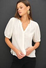 Miss Bliss BC Linen Blended Ruffle Trim Front Tie Blouse- White