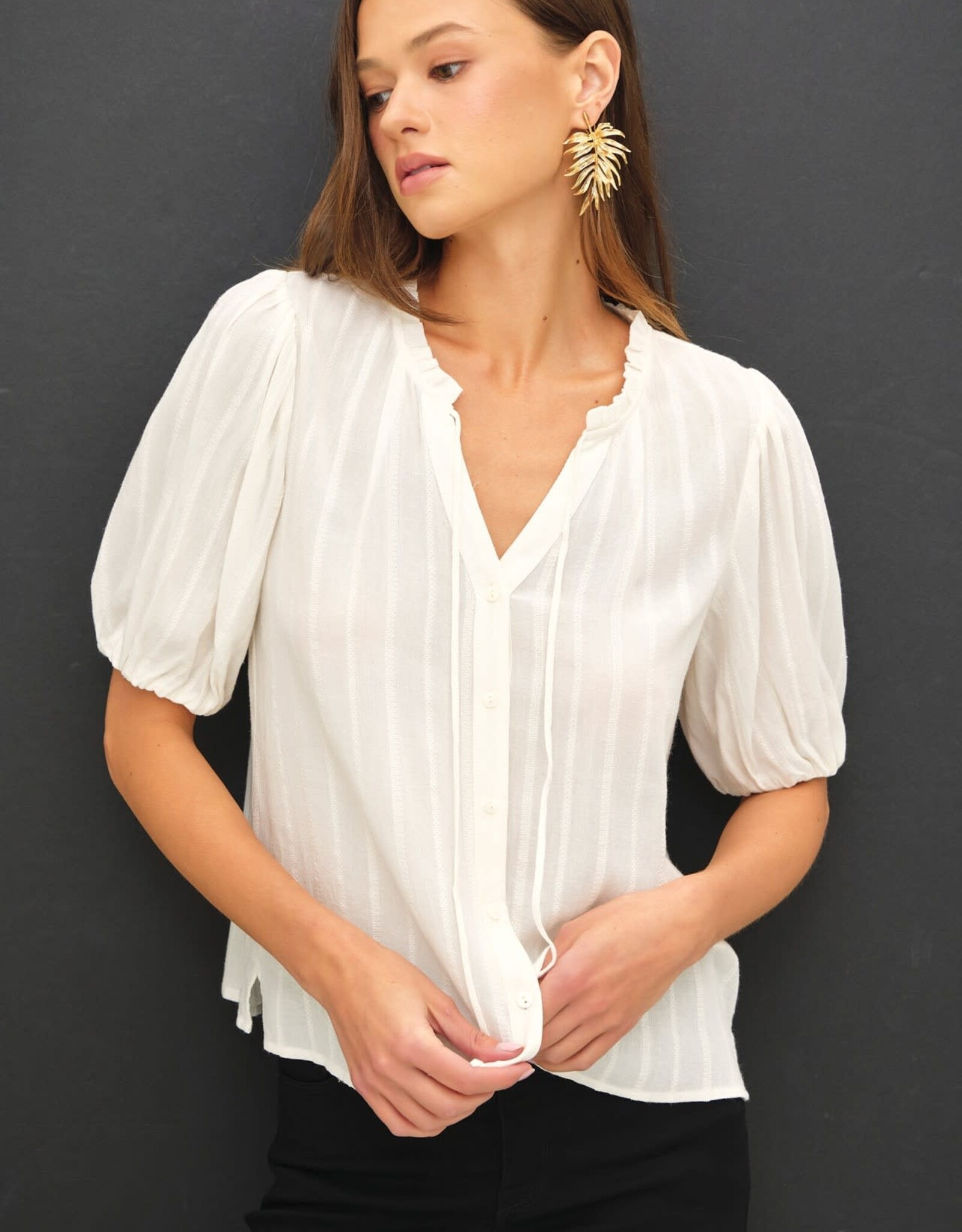 Miss Bliss BC Linen Blended Ruffle Trim Front Tie Blouse- White